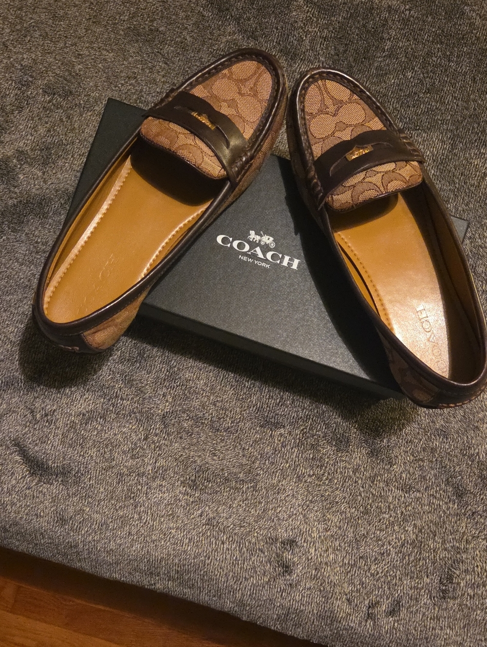 Coach Brown Signature Canvas Penny Loafers with Dark Brown Leather Trim